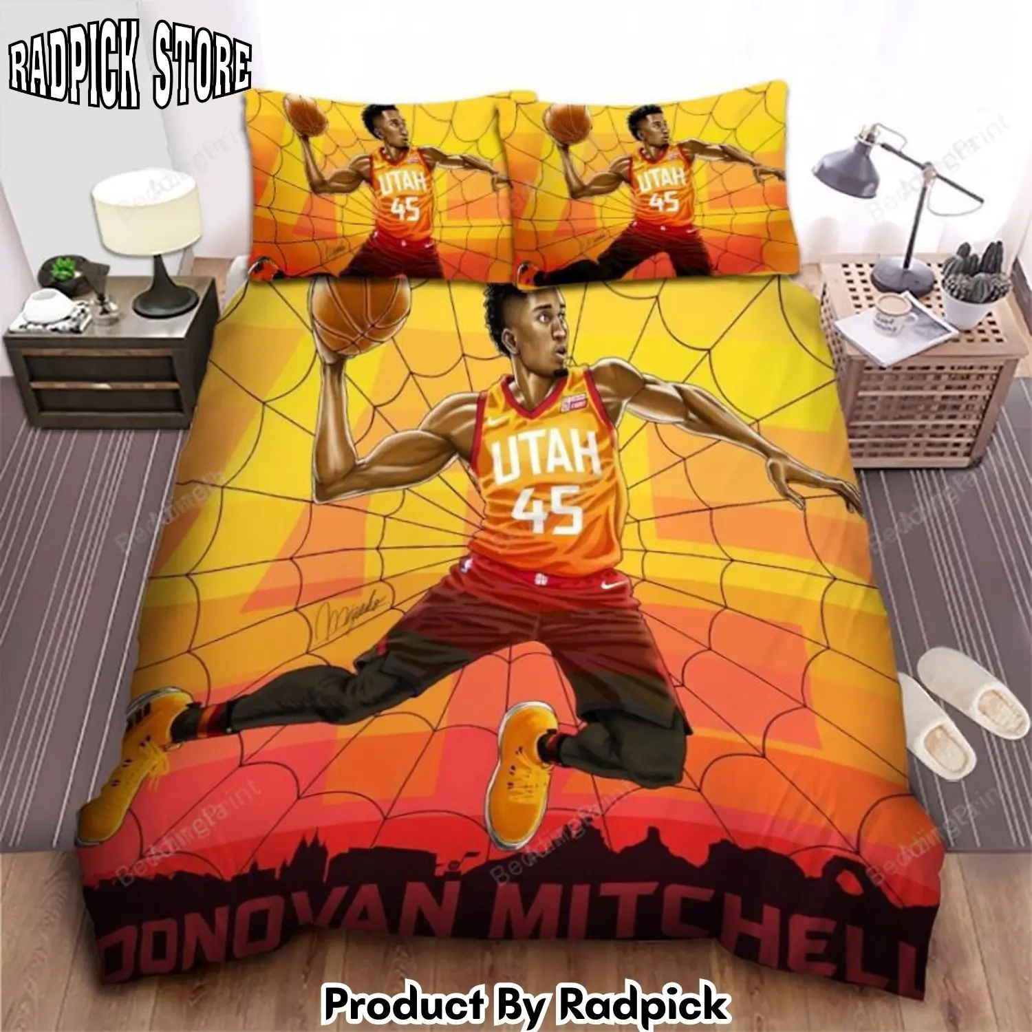 Radpick utah jazz donovan mitchell dunking in digital art bed sheet duvet cover bedding sets rp327577
